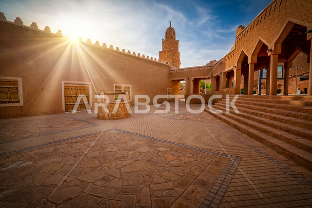 صورة لمسجد قرية أشيقر التراثية الطينية القديمة في قرية أشيقر التراثية و تسمى بـالشقراء في الرياض في المملكة العربية السعودية ، أماكن سياحية تراثية ثقافية تاريخية في السعودية