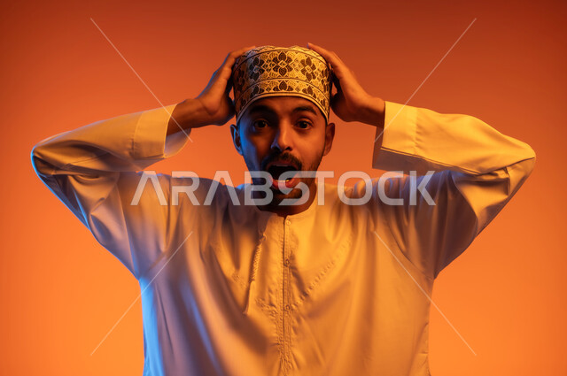 المفاجأة و الصدمة عند رؤية شيء ما، الانزعاج عند سماع خبر سيء, الوقوع في مصيبة, النظر الى الكاميرا بتعابير التعجب, بورتريه مقرب لشاب عربي خليجي عماني يرتدي الدشداشة والكمه يضع يديه على رأسه بتعابير الدهشة و الذهول، خلفيه ملونة