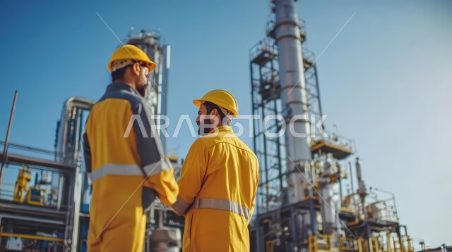 صناعات ومشاريع بيتروكيماوية, العمل في مجال هندسة البترول, صورة من الخلف لمهندسين عربيين خليجيين سعوديين يرتديان الخوذة وسترة الحماية يقومان بتقييم جودة المصانع النفطية في المملكة العربية السعودية, مصنع تكرير النفط والغاز في المنطقة الصناعية