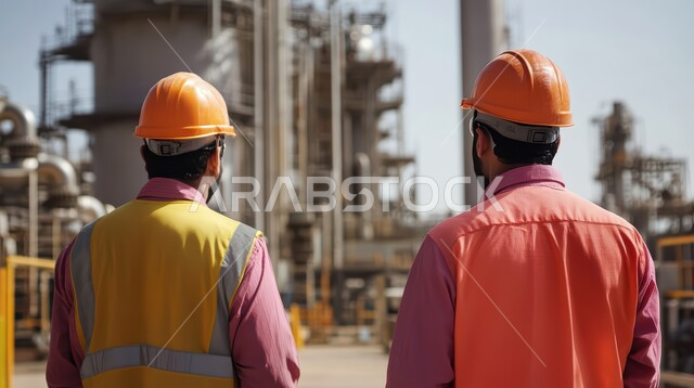 العمل في مجال هندسة البترول, صناعات ومشاريع بيتروكيماوية, صورة من الخلف لمهندسين عربيين خليجيين سعوديين يرتديان الخوذة وسترة الحماية يقومان بتقييم جودة المصانع النفطية في المملكة العربية السعودية, مصنع تكرير النفط والغاز في المنطقة الصناعية 
