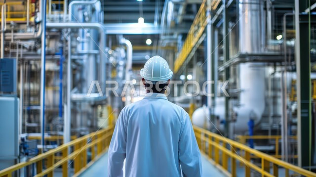 صناعات ومشاريع بيتروكيماوية, العمل في مجال هندسة البترول, صورة من الخلف لمهندس عربي خليجي سعودي يرتدي الخوذة وسترة الحماية يقف داخل احدى المصانع النفطية في المملكة العربية السعودية, مصنع تكرير النفط والغاز في المنطقة الصناعية