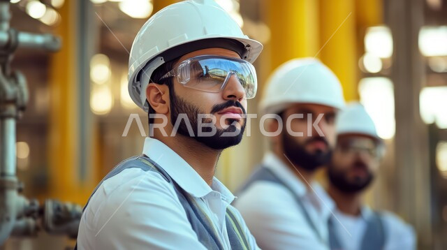 مشاريع وصناعات بيتروكيماوية, صورة مقربة لعامل عربي سعودي خليجي يرتدي خوذة السلامة ونظارات الحماية يراقب سير عمل الآلات، جودة الصناعه والانتاج في معامل المملكة، الاداره والاشراف على آلية التصنيع، مهن ووظائف سعودية