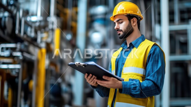 صناعات ومشاريع بيتروكيماوية, العمل في مجال هندسة البترول, صورة مقربة لمهندس عربي خليجي سعودي يرتدي الخوذة وسترة الحماية يحمل بيده الاوراق يقف داخل احدى المصانع النفطية في المملكة العربية السعودية, مصنع تكرير النفط والغاز في المنطقة الصناعية