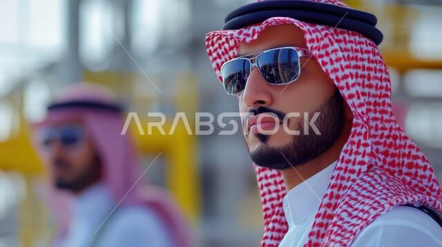 الاهتمام بالمظهر الخارجي، مفهوم الأناقة والرجولة والوسامة، صورة مقربة لرجل عربي سعودي خليجي يرتدي الشماغ و الثوب التقليدي والنظارة الشمسية ينظر الى شيء ما بإيماءات الجدية والثقة بالنفس، خلفية ضبابية