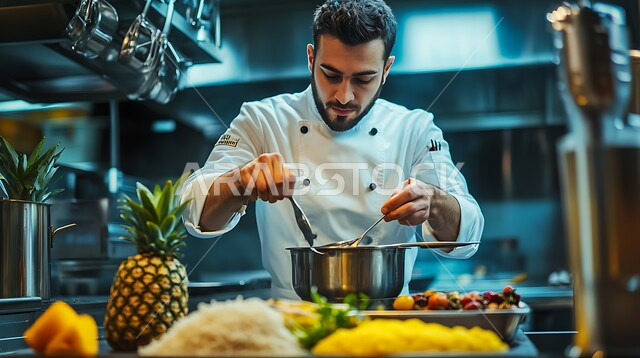 إعداد الأطعمة الشهية في مطابخ ومطاعم المملكة العربية السعودية، فنون الطهي ومهارات تقديم الطعام، صورة مقربة لطباخ عربي خليجي سعودي يرتدي اليونيفورم الخاص بالعمل يقوم بتحضير الوصفات الصحية و أطباق الوجبات الرئيسية، الخضار والفواكه الطازجة