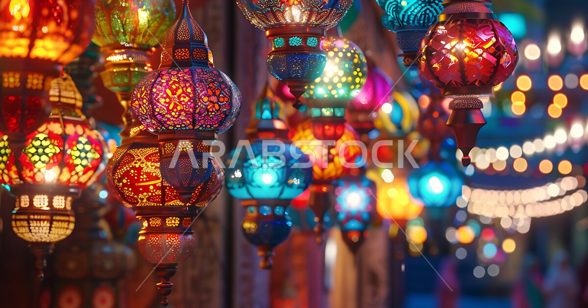 أنوار وأضواء ومصابيح عربية تقليدية، الاحتفال والبهجة بقدوم شهر الخير ...