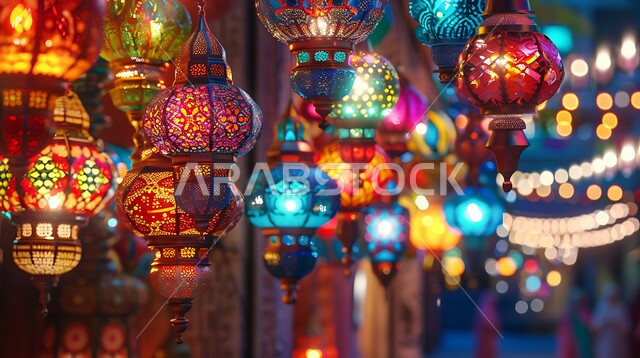 أنوار وأضواء ومصابيح عربية تقليدية، الاحتفال والبهجة بقدوم شهر الخير والمغفرة، فوانيس معدنية معلقة مضيئة وملونة تحوي زخارف وتصاميم إسلامية، ديكورات واكسسوارات وتحف على الطراز الإسلامي، العادات والتقاليد في زينة الأعياد والمناسبات الدينية، أجواء روحانية رمضانية