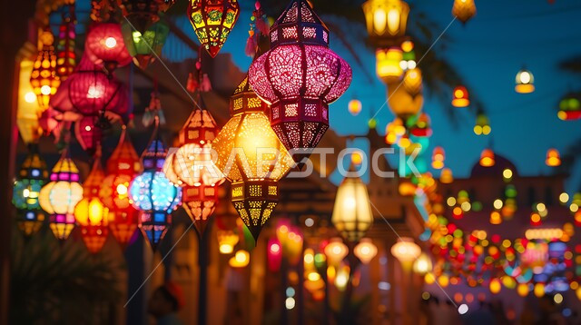 أنوار وأضواء ومصابيح عربية تقليدية، الاحتفال والبهجة بقدوم شهر الخير والمغفرة، فوانيس معدنية معلقة مضيئة وملونة تحوي زخارف وتصاميم إسلامية، ديكورات واكسسوارات وتحف على الطراز الإسلامي، العادات والتقاليد في زينة الأعياد والمناسبات الدينية، أجواء روحانية رمضانية