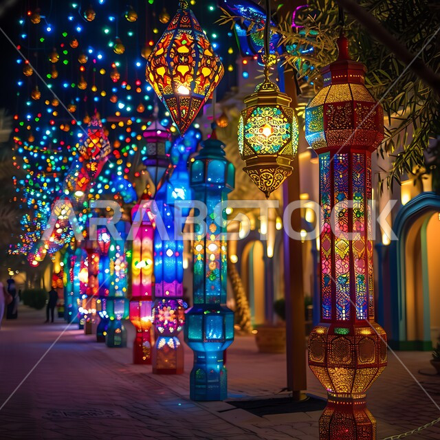 أنوار وأضواء ومصابيح عربية تقليدية، الاحتفال والبهجة بقدوم شهر الخير والمغفرة، فوانيس معدنية معلقة مضيئة وملونة تحوي زخارف وتصاميم إسلامية، ديكورات واكسسوارات وتحف على الطراز الإسلامي، العادات والتقاليد في زينة الأعياد والمناسبات الدينية، أجواء روحانية رمضانية