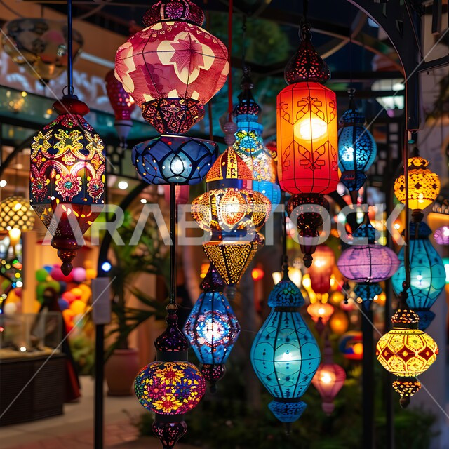 Celebrating and rejoicing in the arrival of the month of goodness and forgiveness, hanging illuminated and colorful metal lanterns containing Islamic decorations and designs, traditional Arabic lights, lights and lamps, decorations, accessories and antiques in the Islamic style, customs and traditions in the decoration of holidays and religious occasions, a spiritual Ramadan atmosphere