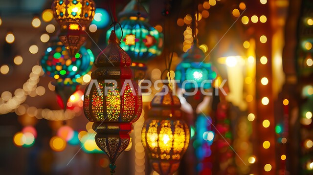 الاحتفال والبهجة بقدوم شهر الخير والمغفرة، فوانيس معدنية معلقة مضيئة وملونة تحوي زخارف وتصاميم إسلامية، أنوار وأضواء ومصابيح عربية تقليدية، ديكورات واكسسوارات وتحف على الطراز الإسلامي، العادات والتقاليد في زينة الأعياد والمناسبات الدينية، أجواء روحانية رمضانية
