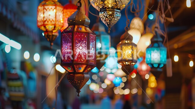 الاحتفال والبهجة بقدوم شهر الخير والمغفرة، فوانيس معدنية معلقة مضيئة وملونة تحوي زخارف وتصاميم إسلامية، أنوار وأضواء ومصابيح عربية تقليدية، ديكورات واكسسوارات وتحف على الطراز الإسلامي، العادات والتقاليد في زينة الأعياد والمناسبات الدينية، أجواء روحانية رمضانية