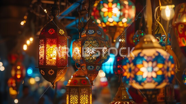 الاحتفال والبهجة بقدوم شهر الخير والمغفرة، فوانيس معدنية معلقة مضيئة وملونة تحوي زخارف وتصاميم إسلامية، أنوار وأضواء ومصابيح عربية تقليدية، ديكورات واكسسوارات وتحف على الطراز الإسلامي، العادات والتقاليد في زينة الأعياد والمناسبات الدينية، أجواء روحانية رمضانية