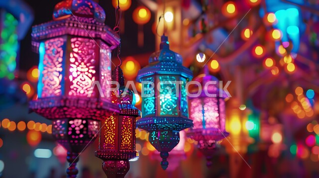 Celebrating and rejoicing in the arrival of the month of goodness and forgiveness, hanging illuminated and colorful metal lanterns containing Islamic decorations and designs, traditional Arabic lights, lights and lamps, decorations, accessories and antiques in the Islamic style, customs and traditions in the decoration of holidays and religious occasions, a spiritual Ramadan atmosphere