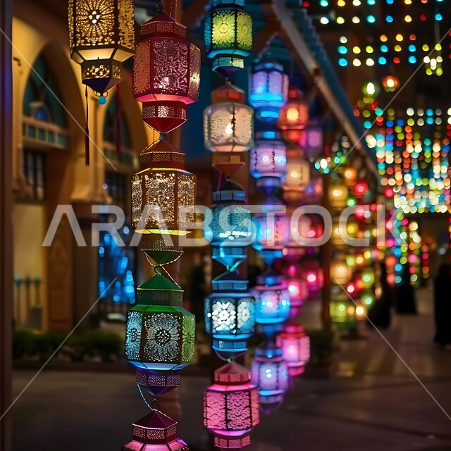 االعادات والتقاليد في زينة الأعياد والمناسبات الدينية، الاحتفال والبهجة بقدوم شهر الخير والمغفرة، فوانيس معدنية معلقة مضيئة وملونة تحوي زخارف وتصاميم إسلامية، أنوار وأضواء ومصابيح عربية تقليدية، ديكورات واكسسوارات وتحف على الطراز الإسلامي، أجواء روحانية رمضانية