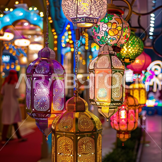 االعادات والتقاليد في زينة الأعياد والمناسبات الدينية، الاحتفال والبهجة بقدوم شهر الخير والمغفرة، فوانيس معدنية معلقة مضيئة وملونة تحوي زخارف وتصاميم إسلامية، أنوار وأضواء ومصابيح عربية تقليدية، ديكورات واكسسوارات وتحف على الطراز الإسلامي، أجواء روحانية رمضانية