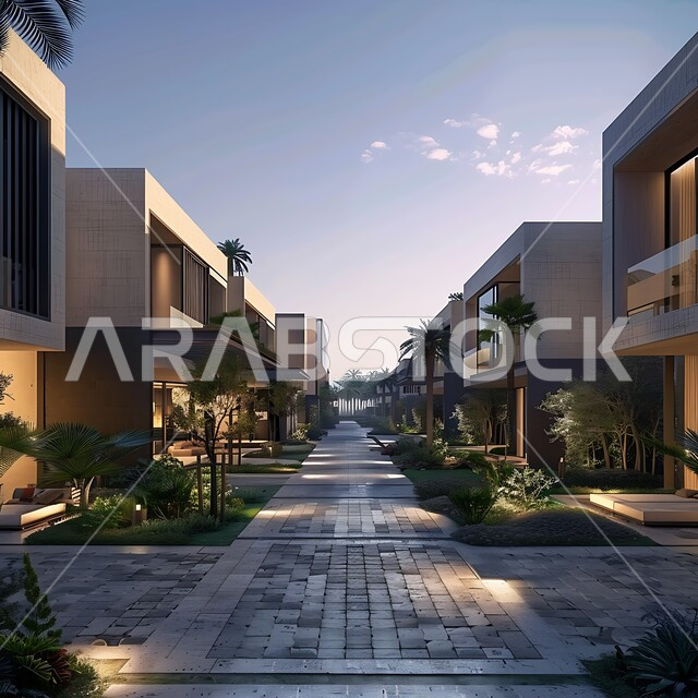 Modern architectural style of villas and apartments, palm trees and green spaces on both sides of the paved road, luxurious exterior designs and decorations, luxurious modern designs, distinguished hotels and buildings, urban growth and progress in the Kingdom of Saudi Arabia