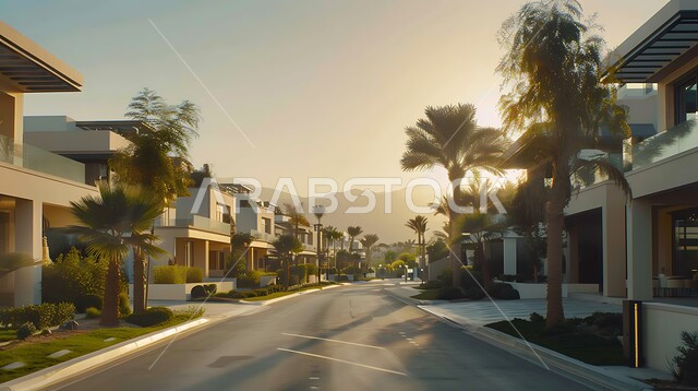 Modern architectural style of villas and apartments, palm trees and green spaces on both sides of the paved road, luxurious exterior designs and decorations, luxurious modern designs, distinguished hotels and buildings, urban growth and progress in the Kingdom of Saudi Arabia
