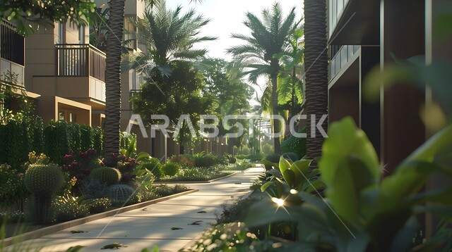 Modern architectural style of villas and apartments, palm trees and green spaces on both sides of the paved road, luxurious exterior designs and decorations, luxurious modern designs, distinguished hotels and buildings, urban growth and progress in the Kingdom of Saudi Arabia