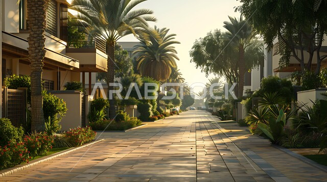 الفن الهندسي المعماري على الطراز الحديث للفلل والشقق السكنية، أشجار النخيل والمساحات الخضراء الممتدة على جانبي الطريق المعبد، تصميمات وديكورات خارجية فخمة، تصاميم عصرية فاخرة، الفنادق والأبنية المتميزة، النمو والتقدم العمراني في المملكة العربية السعودية