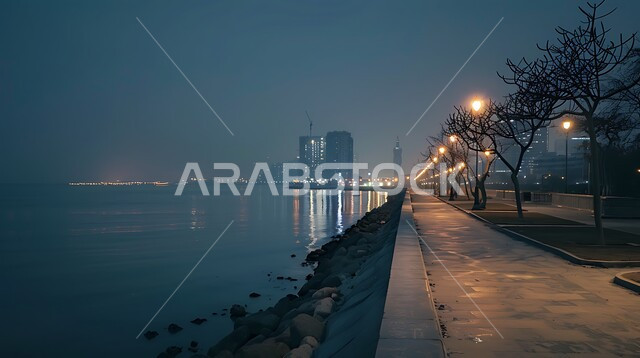  الأبراج المطلة على كورنيش جدة في المملكة العربية السعودية، جذب واستقطاب السياح من شتى أنحاء العالم، أماكن سياحية ترفيهية مشهورة، شاطئ البحر الاحمر وقت الليل، المناظر الطبيعية في المدن الساحلية