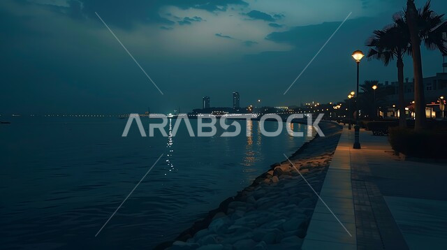  الاهتمام بزراعة أشجار النخيل الخضراء، المناظر الطبيعية في المدن الساحلية، أماكن سياحية ترفيهية مشهورة، شاطئ البحر الاحمر وقت الليل، الاطلالة على كورنيش جدة في المملكة العربية السعودية، جذب واستقطاب السياح من شتى أنحاء العالم
