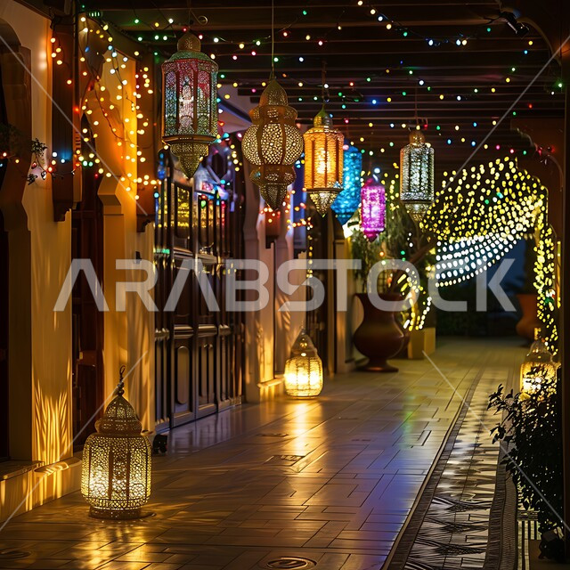الفرحة والبهجة بقدوم شهر الخير والمغفرة، العادات والتقاليد في زينة الأعياد والمناسبات الدينية، فوانيس معدنية مضيئة وملونة تحوي زخارف وتصاميم إسلامية، أنوار وأضواء ومصابيح عربية تقليدية، ديكورات واكسسوارات وتحف على الطراز الإسلامي، أجواء روحانية رمضانية