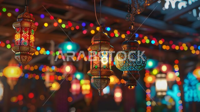 الفرحة والبهجة بقدوم شهر الخير والمغفرة، العادات والتقاليد في زينة الأعياد والمناسبات الدينية، فوانيس معدنية مضيئة وملونة تحوي زخارف وتصاميم إسلامية، أنوار وأضواء ومصابيح عربية تقليدية، ديكورات واكسسوارات وتحف على الطراز الإسلامي، أجواء روحانية رمضانية