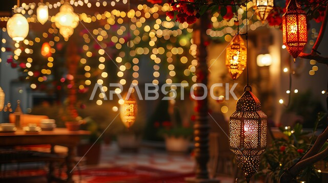 الفرحة والبهجة بقدوم شهر الخير والمغفرة، العادات والتقاليد في زينة الأعياد والمناسبات الدينية، فوانيس معدنية مضيئة وملونة تحوي زخارف وتصاميم إسلامية، أنوار وأضواء ومصابيح عربية تقليدية، ديكورات واكسسوارات وتحف على الطراز الإسلامي، أجواء روحانية رمضانية
