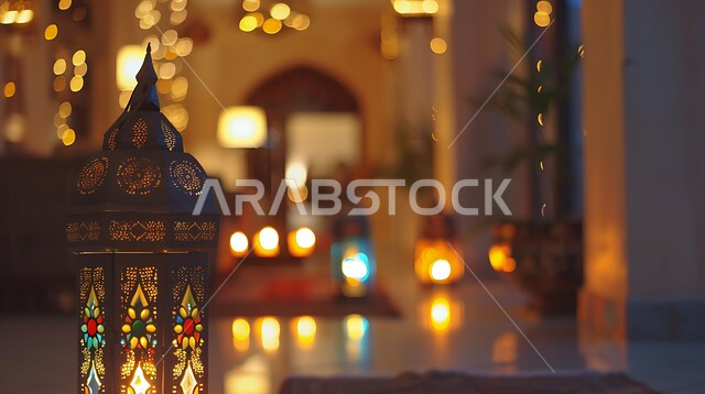 الفرحة والبهجة بقدوم شهر الخير والمغفرة، العادات والتقاليد في زينة الأعياد والمناسبات الدينية، فوانيس معدنية مضيئة وملونة تحوي زخارف وتصاميم إسلامية، أنوار وأضواء ومصابيح عربية تقليدية، ديكورات واكسسوارات وتحف على الطراز الإسلامي، أجواء روحانية رمضانية