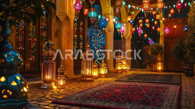 الفرحة والبهجة بقدوم شهر الخير والمغفرة، العادات والتقاليد في زينة الأعياد والمناسبات الدينية، فوانيس معدنية مضيئة وملونة تحوي زخارف وتصاميم إسلامية، أنوار وأضواء ومصابيح عربية تقليدية، ديكورات واكسسوارات وتحف على الطراز الإسلامي، أجواء روحانية رمضانية