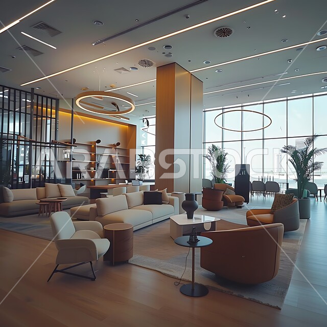 قاعة الأعمال وعقد الاتفاقات مع فريق العمل، التصميم العصري الحديث للمكاتب في الشركات والمراكز التجارية السعودية، غرفة اجتماعات واسعة مع طاولة محاطة بكراسي، غرف مكتبية بتصاميم وديكورات داخلية راقية مع أثاث فاخر ومريح، النوافذ والواجهات الزجاجية الضخمة