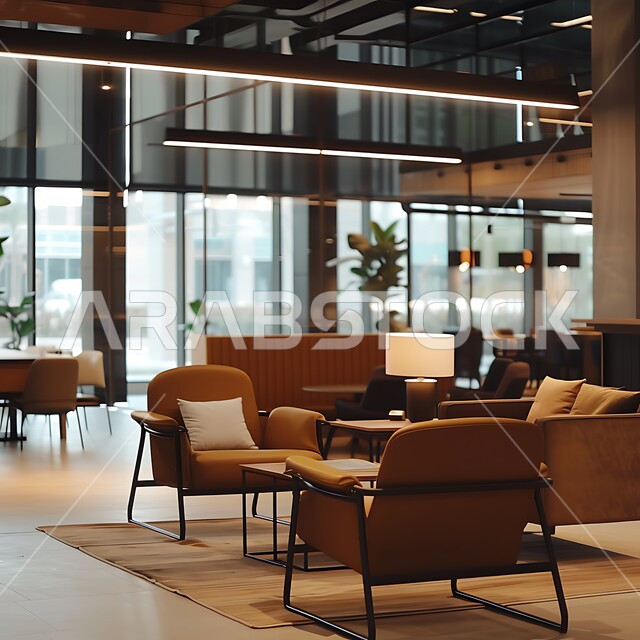 قاعة الأعمال وعقد الاتفاقات مع فريق العمل، التصميم العصري الحديث للمكاتب في الشركات والمراكز التجارية السعودية، غرفة اجتماعات واسعة مع طاولة محاطة بكراسي، غرف مكتبية بتصاميم وديكورات داخلية راقية مع أثاث فاخر ومريح، النوافذ والواجهات الزجاجية الضخمة