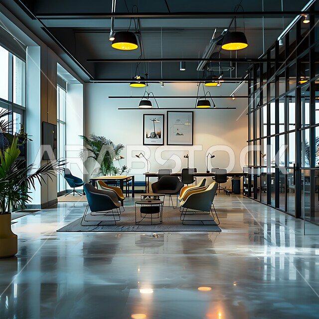 قاعة الأعمال وعقد الاتفاقات مع فريق العمل، التصميم العصري الحديث للمكاتب في الشركات والمراكز التجارية السعودية، غرفة اجتماعات واسعة مع طاولة محاطة بكراسي، غرف مكتبية بتصاميم وديكورات داخلية راقية مع أثاث فاخر ومريح، النوافذ والواجهات الزجاجية الضخمة