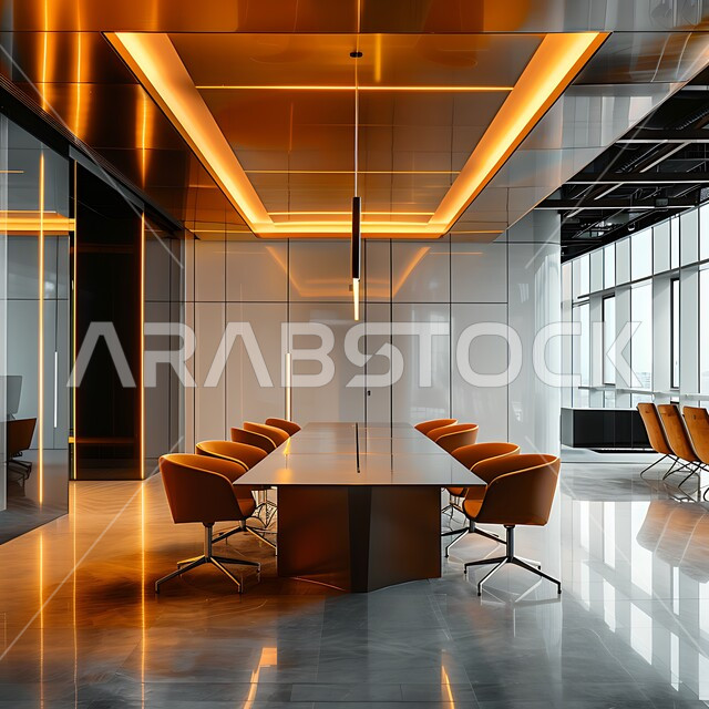 قاعة الأعمال وعقد الاتفاقات مع فريق العمل، التصميم العصري الحديث للمكاتب في الشركات والمراكز التجارية السعودية، غرفة اجتماعات واسعة مع طاولة محاطة بكراسي، غرف مكتبية بتصاميم وديكورات داخلية راقية مع أثاث فاخر ومريح، النوافذ والواجهات الزجاجية الضخمة