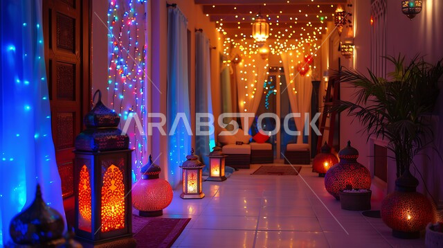 المنازل العربية المزينة بالزخارف الإسلامية، العادات والتقاليد في زينة الأعياد والمناسبات الدينية، الاحتفال والبهجة بقدوم شهر الخير والمغفرة، فوانيس معدنية مزخرفة ملونة ومضيئة، أنوار وأضواء ومصابيح  تقليدية، ديكورات واكسسوارات وتحف على الطراز الإسلامي، أجواء روحانية رمضانية
