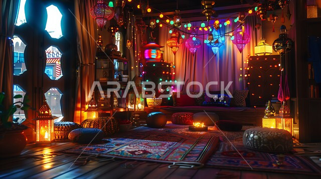 Arab homes decorated with Islamic ornaments, customs and traditions in decorating holidays and religious occasions, celebrating and rejoicing in the arrival of the month of goodness and forgiveness, colorful and illuminated decorative metal lanterns, traditional lights, lamps and lamps, Islamic-style decorations, accessories and antiques, Ramadan spiritual atmosphere