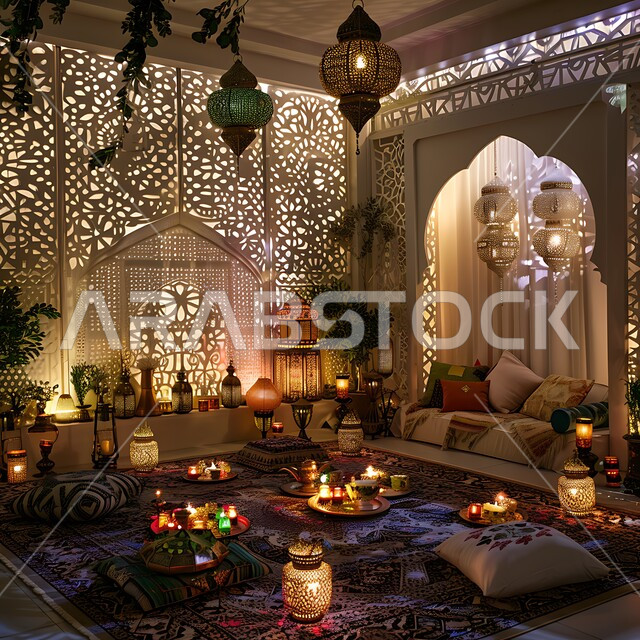 Arab homes decorated with Islamic ornaments, customs and traditions in decorating holidays and religious occasions, celebrating and rejoicing in the arrival of the month of goodness and forgiveness, colorful and illuminated decorative metal lanterns, traditional lights, lamps and lamps, Islamic-style decorations, accessories and antiques, Ramadan spiritual atmosphere
