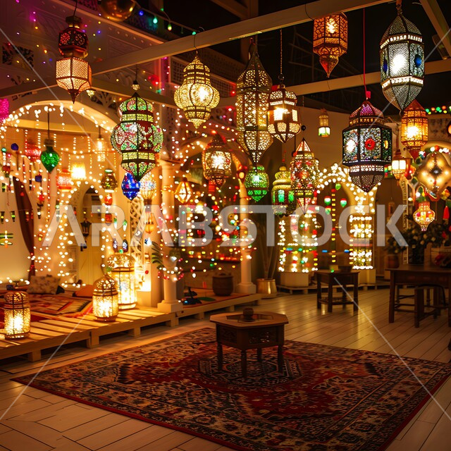 Arab homes decorated with Islamic ornaments, customs and traditions in decorating holidays and religious occasions, celebrating and rejoicing in the arrival of the month of goodness and forgiveness, colorful and illuminated decorative metal lanterns, traditional lights, lamps and lamps, Islamic-style decorations, accessories and antiques, Ramadan spiritual atmosphere