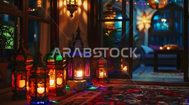 المنازل العربية المزينة بالزخارف الإسلامية، العادات والتقاليد في زينة الأعياد والمناسبات الدينية، الاحتفال والبهجة بقدوم شهر الخير والمغفرة، فوانيس معدنية مزخرفة ملونة ومضيئة، أنوار وأضواء ومصابيح  تقليدية، ديكورات واكسسوارات وتحف على الطراز الإسلامي، أجواء روحانية رمضانية