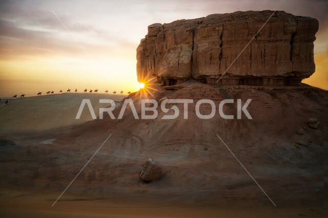 منظر غروب و شروق أشعة الشمس الذهبي من خلال الصخور في صحراء السعودية ، السياحة في المملكة العربية السعودية ، المعالم الأثرية السياحية القديمة ، مجموعة من الحصن تسير في طرق جبلية وعرة ، جمال الطبيعة الصحراوية