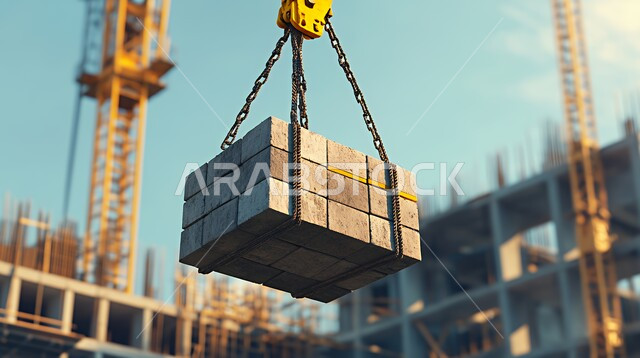 مفهوم الهندسة الانشائية والمعمارية, مبنى قيد الانشاء في المملكة العربية السعودية, صورة مقربة للآلات والمعدات الثقيلة والرافعات والسقالات العالية, أعمال البناء وصب الخرسانات ووضع الأساسات, تنفيذ مخطط الإعمار وتشكيل الهيكل المعدني