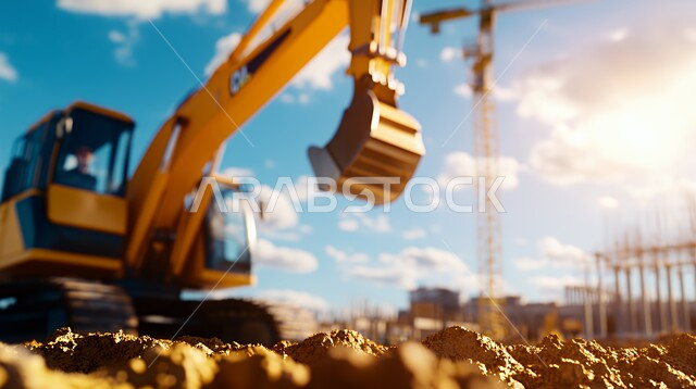 مفهوم الهندسة المعمارية والإنشاءات، جرافة كبيرة تعمل في الحفر ورفع الأنقاض والأتربة في موقع العمل، الاعتماد على الآلات والمعدات الثقيلة في أعمال البناء، مهن ووظائف هندسية صناعية في المملكة العربية السعودية، تحسين البنية التحتية لإقامة المباني والمشاريع الحديثة