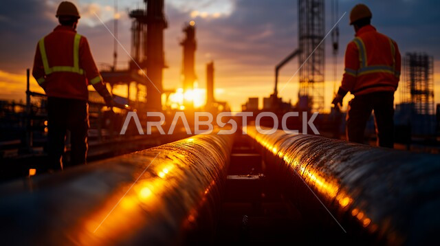 صورة من الخلف لمهندسان سعوديان خليجيان عربيان يرتديان سترة وخوزة الحمايه يقفان في أحد مصانع تكرير النفط في المملكة العربية السعودية أثناء غروب الشمس, الاطلاع على المخططات ووضع إستراتيجيات الخطوات, الازدهار المستقبلي للمنطقة, مهن ووظائف هندسية سعودية