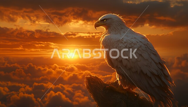 نسر مهيب يقف على صخرة يستعد للطيران واصطياد الفرائس, تنوع الثروة الحيوانية في المملكة العربية السعودية, مفهوم قوة وحدة البصر، الطيور الجارحة في المناطق الطبيعية، منظر الشمس الساطعة وسط السماء المليئة بالغيوم عند الغروب, خلفية الطبيعة
