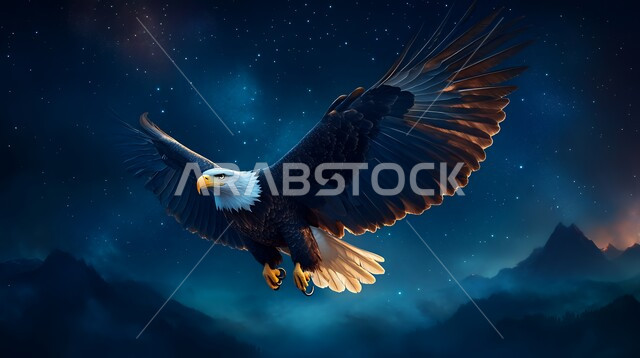 الطيور الجارحة وحياة الحيوانات البرية, نسر يحلق بجناحيه الكبيرين في سماء الليل المرصعة بالنجوم مع الجبال,  مفهوم الافتراس وحدة البصر, تنوع الثروة الحيوانية في المملكة العربية السعودية، التضاريس الجبلية والتكوينات والتشكيلات الصخرية