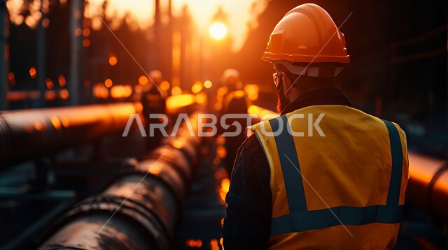 الاشراف على سير العمل في مصانع البترول, صورة من الخلف لمهندس سعودي خليجي عربي يرتدي سترة وخوزة الحمايه يقف في مصنع لتكرير النفط في المملكة العربية أثناء غروب الشمس, الازدهار المستقبلي للمنطقة, مهن ووظائف هندسية سعودية