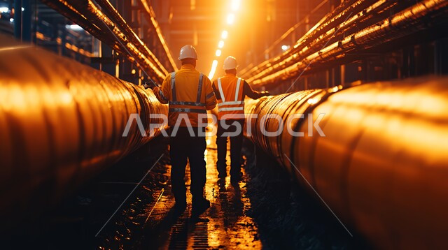 الاشراف على سير العمل في مصانع البترول, صورة من الخلف لمهندسين سعوديين خليجيين عربيين يرتديان سترة وخوزة الحمايه يقفان في مصنع لتكرير النفط في المملكة العربية أثناء غروب الشمس, الازدهار المستقبلي للمنطقة, مهن ووظائف هندسية سعودية