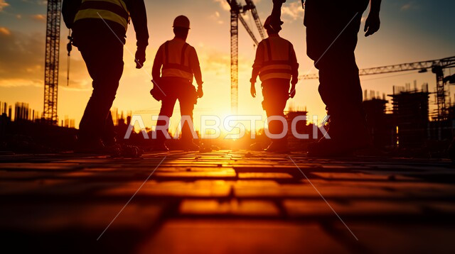  الازدهار المستقبلي للمنطقة, الاطلاع على المخططات ووضع إستراتيجيات الخطوات, صورة من الخلف لمجموعة مهندسين عرب سعوديين خليجيين يرتدون سترة وخوزة الحمايه يذهبون الى أحد مواقع البناء في المملكة العربية السعودية أثناء غروب الشمس, مهن ووظائف هندسية سعودية