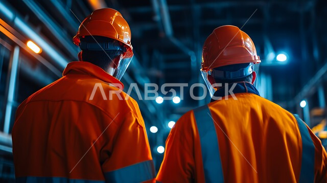  مفهوم التطور والازدهار المستقبلي للمنطقة, الاطلاع على المخططات ووضع إستراتيجيات الخطوات, صورة من الخلف لمهندسان سعوديتن خليجيان عربيان يرتديان سترة وخوذة الحمايه يقفان في أحد المصانع في المملكة العربية السعودية, مهن ووظائف هندسية سعودية